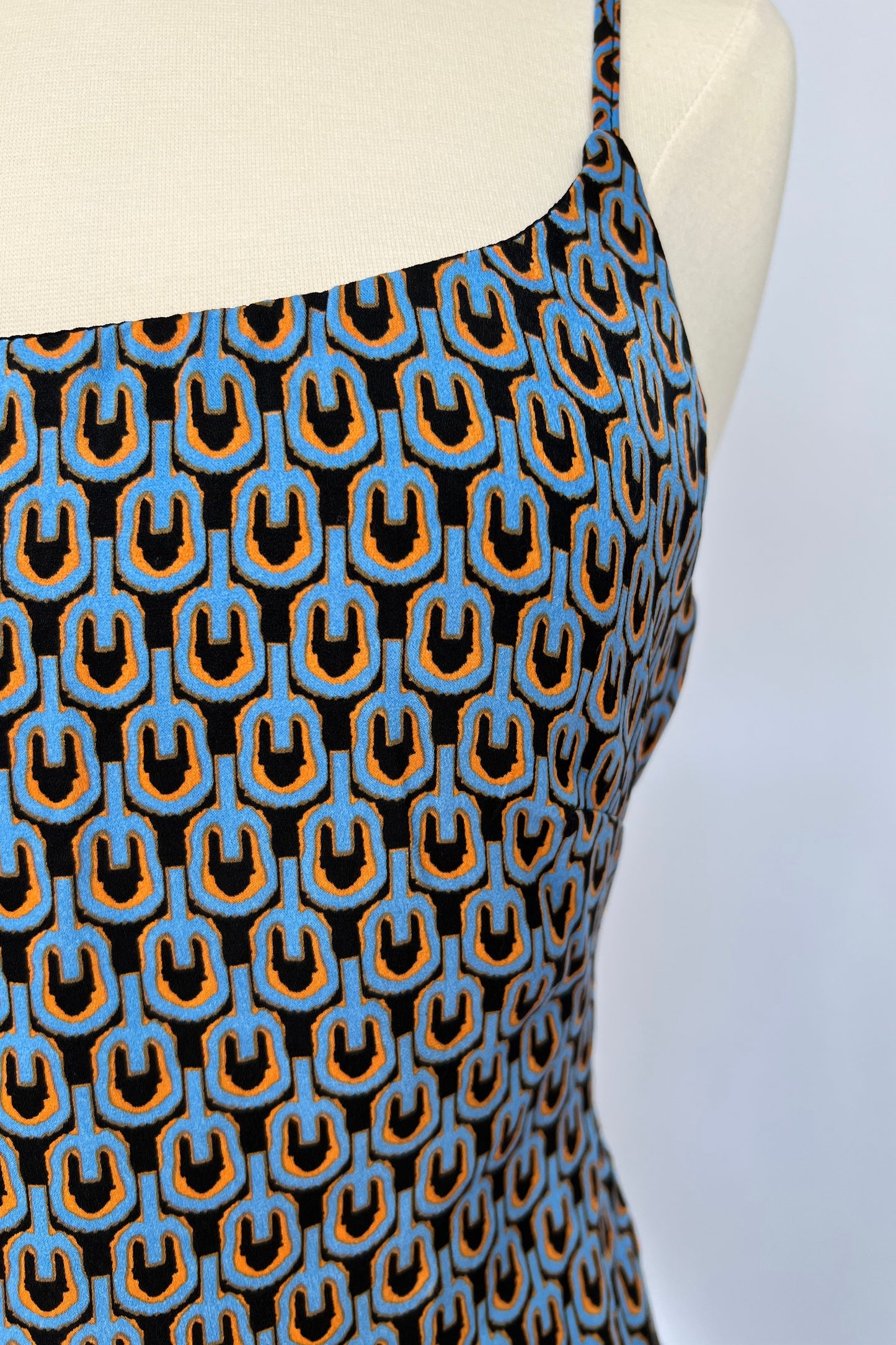 Blue Printed Satin Long Dress