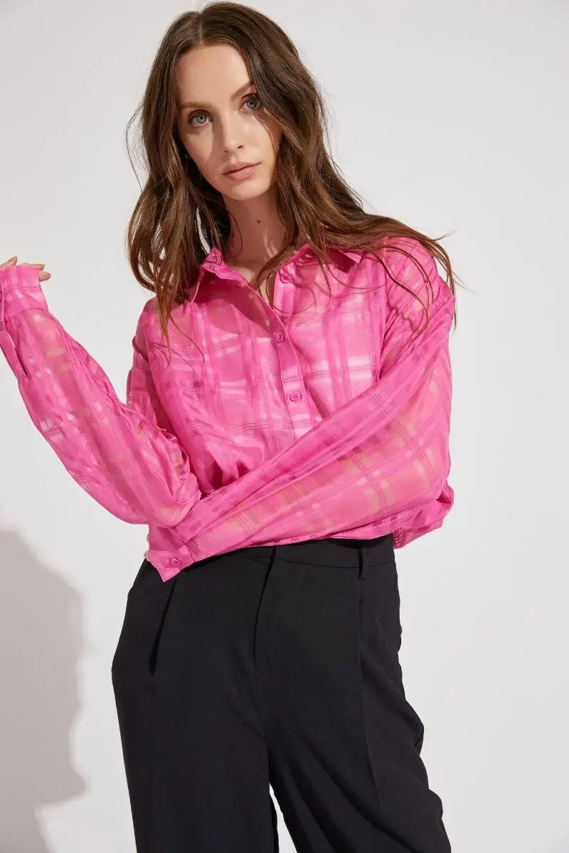 Sheer Plaid Collar Button Down Shirt