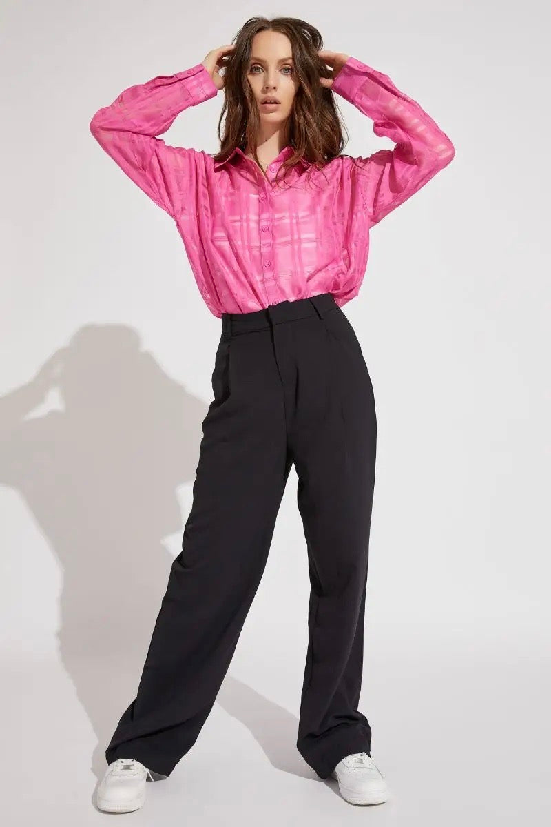 Sheer Plaid Collar Button Down Shirt