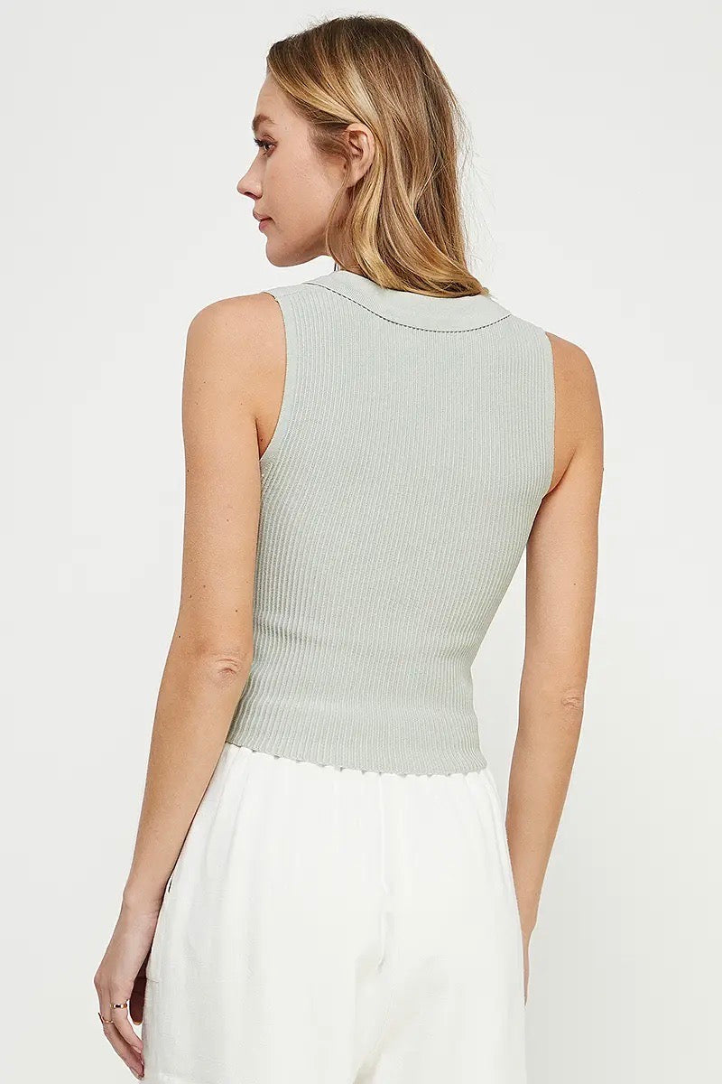 Light Sage Sleeveless Collared V-Neck in Techno Rib
