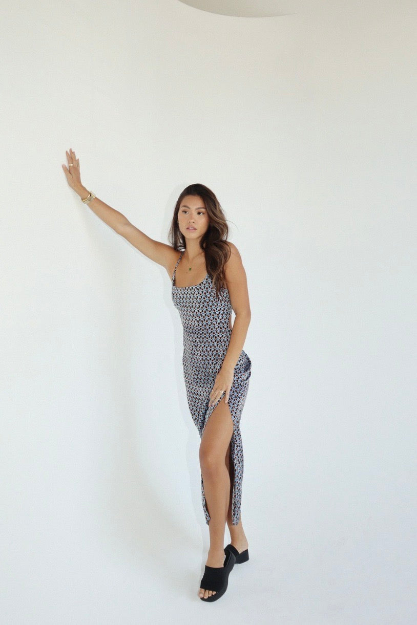 Blue Printed Satin Long Dress