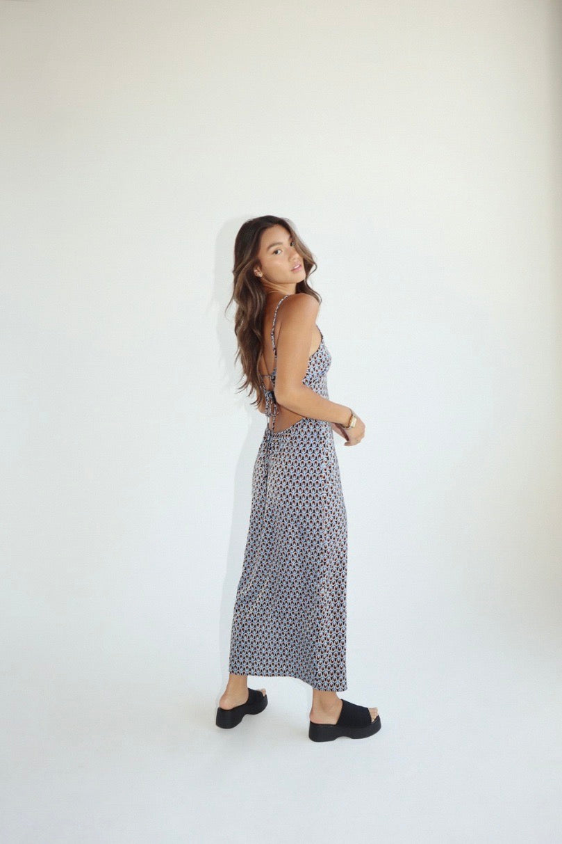 Blue Printed Satin Long Dress