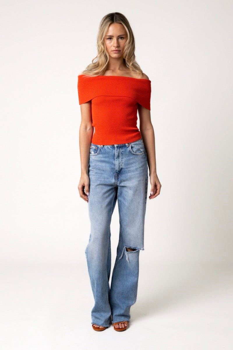 Orange Off-Shoulder Fitted Top